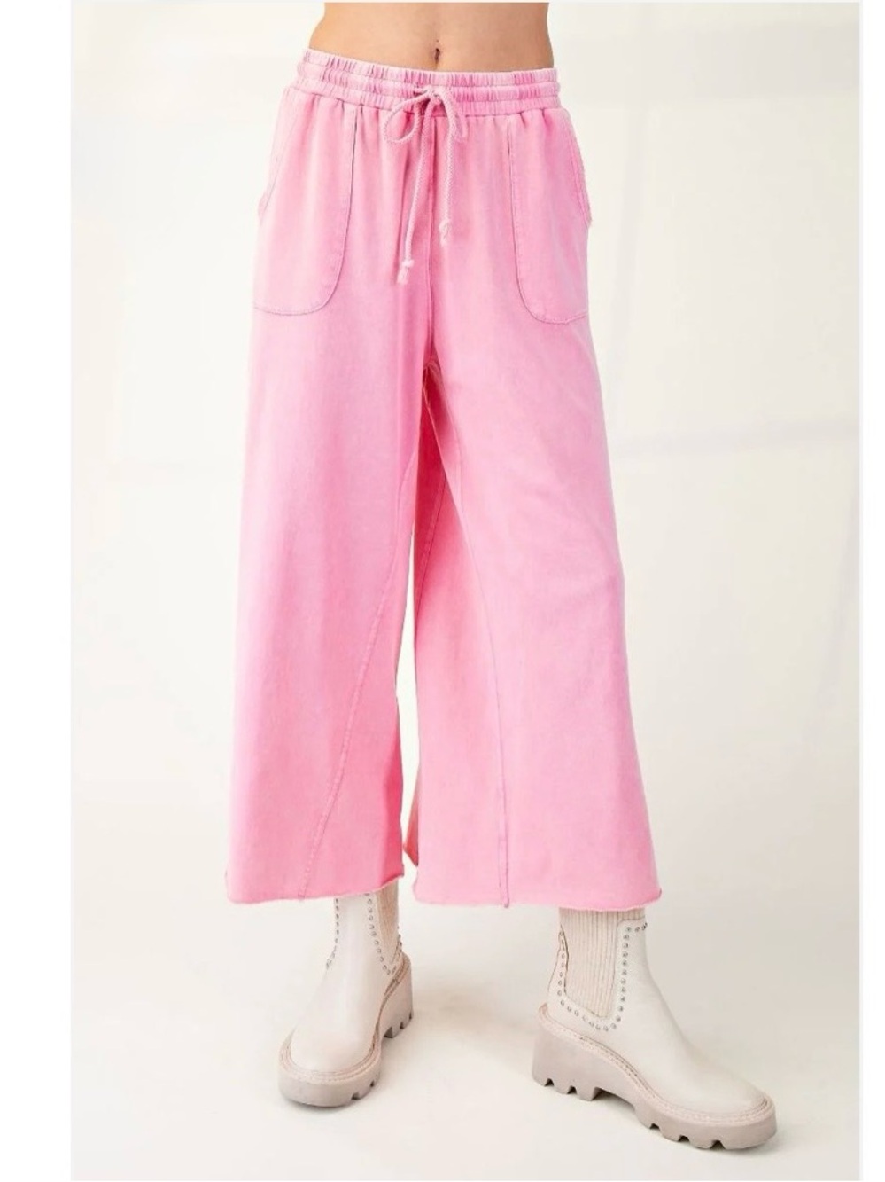 New: Easel Feeling Good Pink Drawstring Waist Terry Knit Wide Leg Pants• Medium - Picture 2 of 5